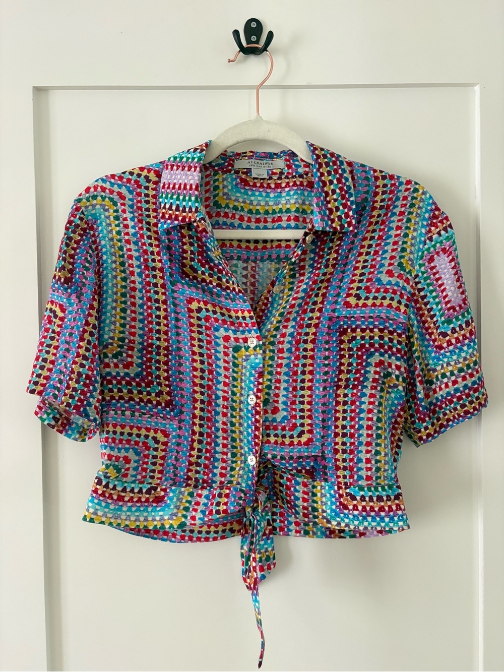 AllSaints Leni Luisa Shirt – Multicolor Geometric Print collared tie front US 0